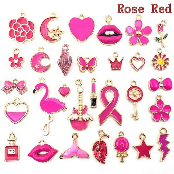 Rose Red series asymmetrical enamel & alloy charm earrings. Pair #1. - Picture 3 of 3